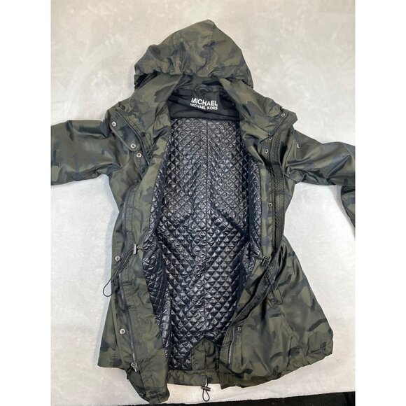 Michael Kors Coat Womens Large Green Camouflage Hooded Full Zip Snaps - Picture 3 of 11